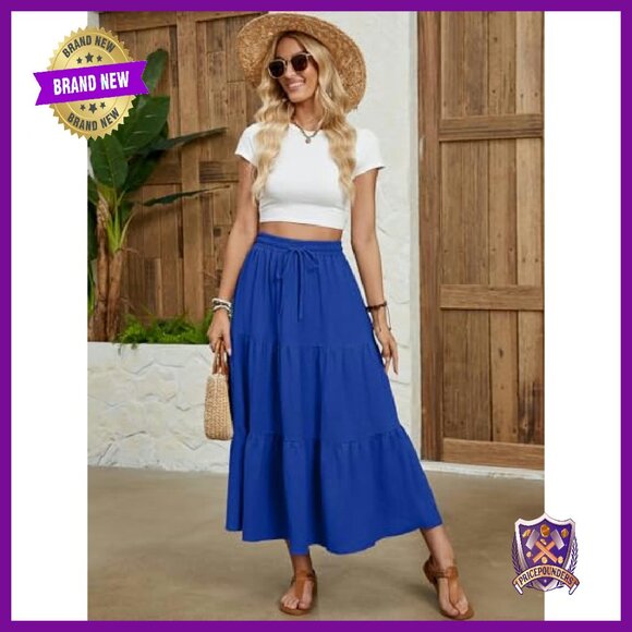 Maxi Skirt Elastic Waist A-Line Tiered Ruffle Long with Pockets - Picture 6 of 8